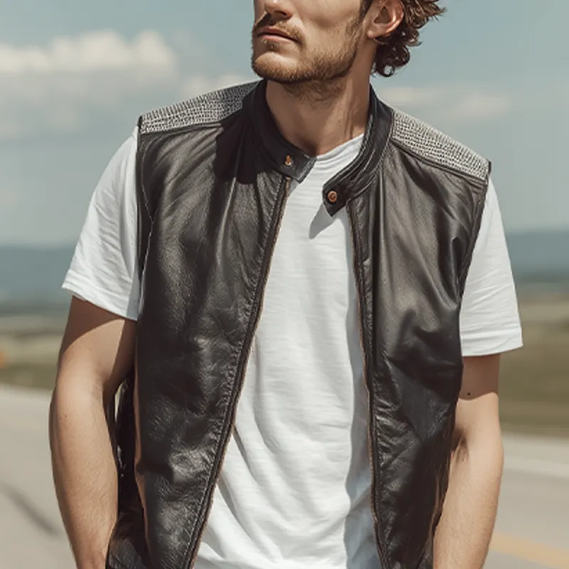 Men's Spring And Summer Fashion Casual Shoulder Splicing Mesh Fabric Stand Collar Zipper Leather Vest MTA0309G5K sold by Manly product image thumbnail 5
