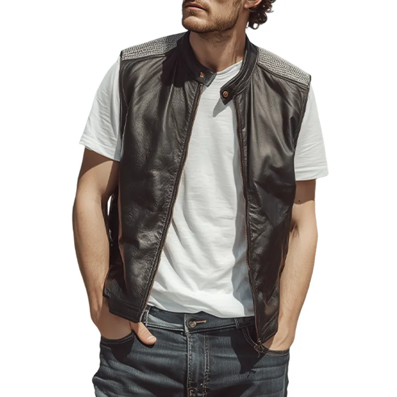 Men's Spring And Summer Fashion Casual Shoulder Splicing Mesh Fabric Stand Collar Zipper Leather Vest MTA0309G5K sold by Manly