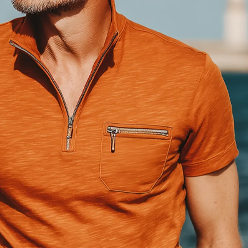 Men's Business Cotton Stand Collar Quarter Zip Short Sleeve T-Shirt MTA0584G0U sold by Manly product image thumbnail 4