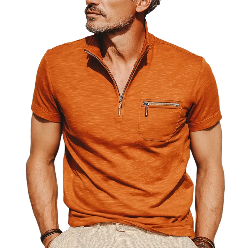 Men's Business Cotton Stand Collar Quarter Zip Short Sleeve T-Shirt MTA0584G0U sold by Manly