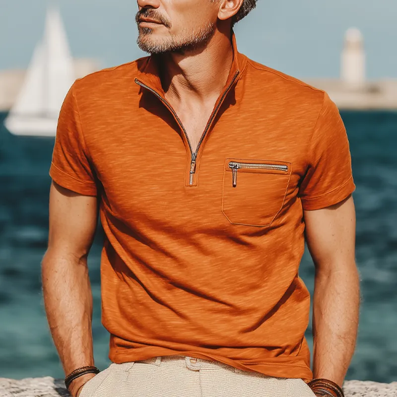 Men's Business Cotton Stand Collar Quarter Zip Short Sleeve T-Shirt MTA0584G0U sold by Manly product image thumbnail 2