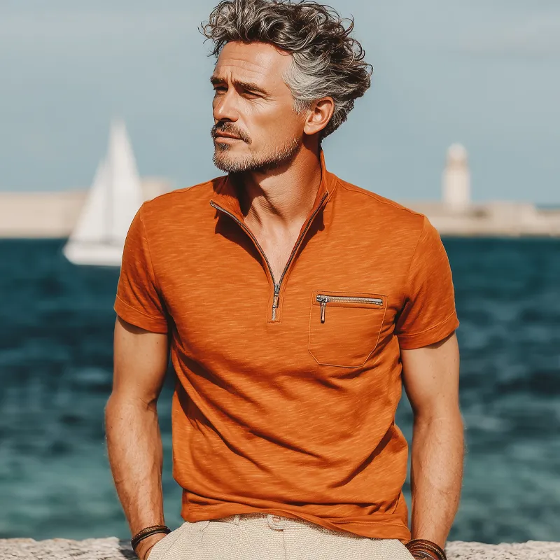 Men's Business Cotton Stand Collar Quarter Zip Short Sleeve T-Shirt MTA0584G0U sold by Manly product image thumbnail 3