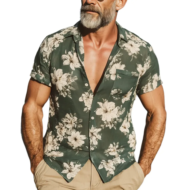 Men's Summer Light Chiffon Floral Print Short Sleeve Shirt MTA0769G5U sold by Manly
