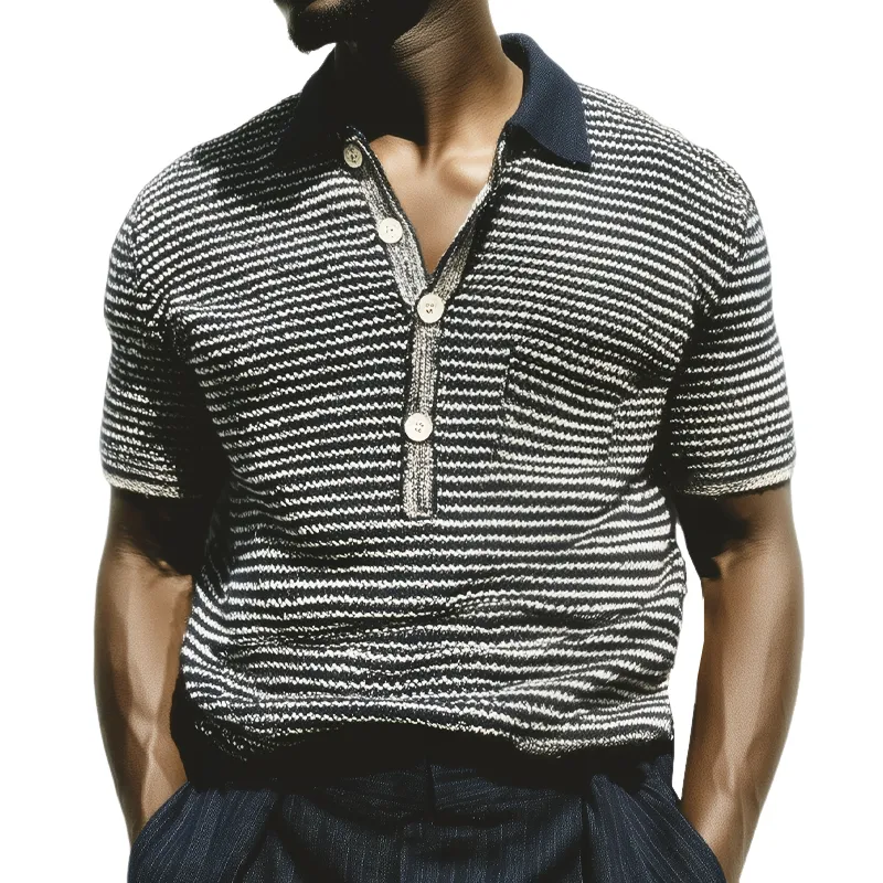 Men's Summer Classic Black And White Striped Polo Neck Knitted T-Shirt MTA0782G3U sold by Manly