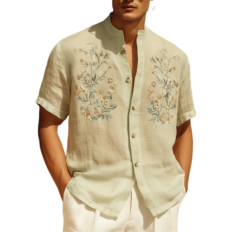 Men's Summer Cotton Vintage Floral Embroidery Short Sleeve Shirt MTA0790G5U sold by Manly