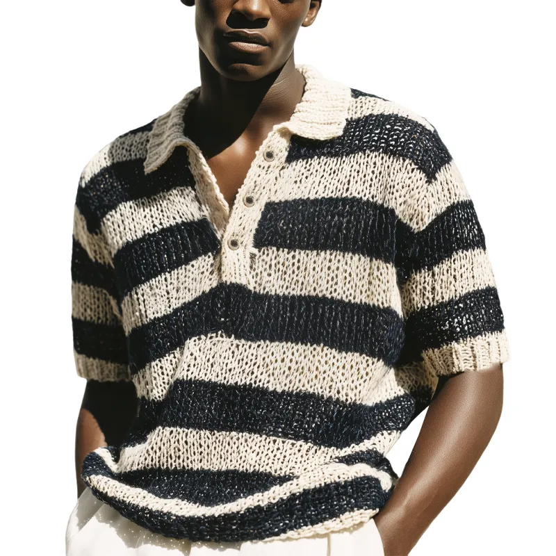 Men's Summer Classic Black And White Striped Knitted Polo Neck T-Shirt MTA0775G6U sold by Manly