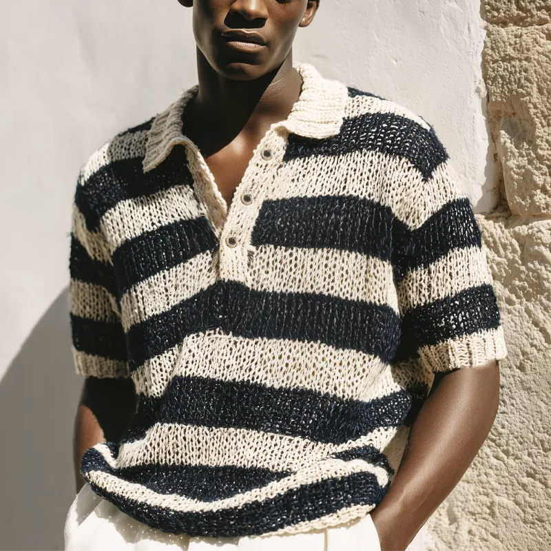 Men's Summer Classic Black And White Striped Knitted Polo Neck T-Shirt MTA0775G6U sold by Manly product image thumbnail 2