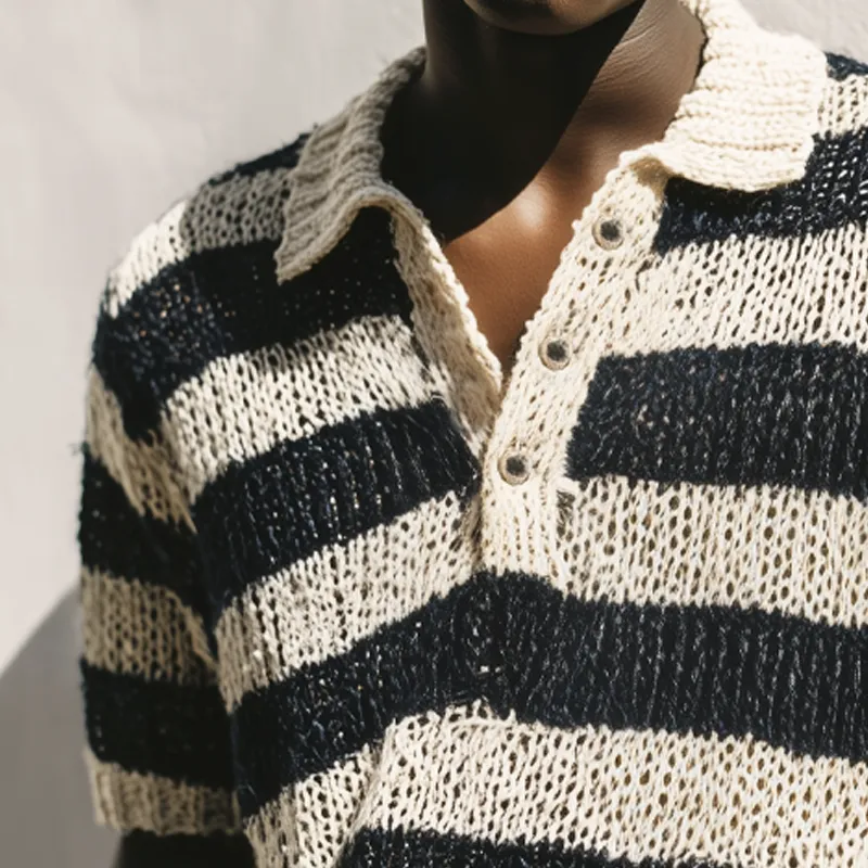 Men's Summer Classic Black And White Striped Knitted Polo Neck T-Shirt MTA0775G6U sold by Manly product image thumbnail 3