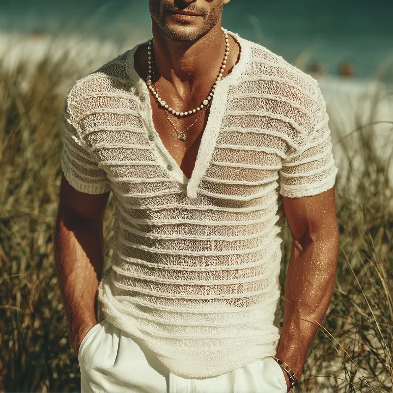 Men's Summer Fashion V-neck Striped Jacquard Knitted Short Sleeve T-shirt MTA0732G5U sold by Manly product image thumbnail 2