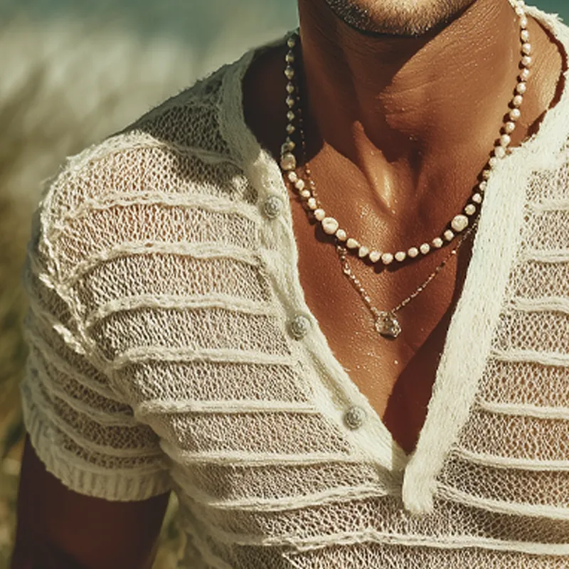 Men's Summer Fashion V-neck Striped Jacquard Knitted Short Sleeve T-shirt MTA0732G5U sold by Manly product image thumbnail 3