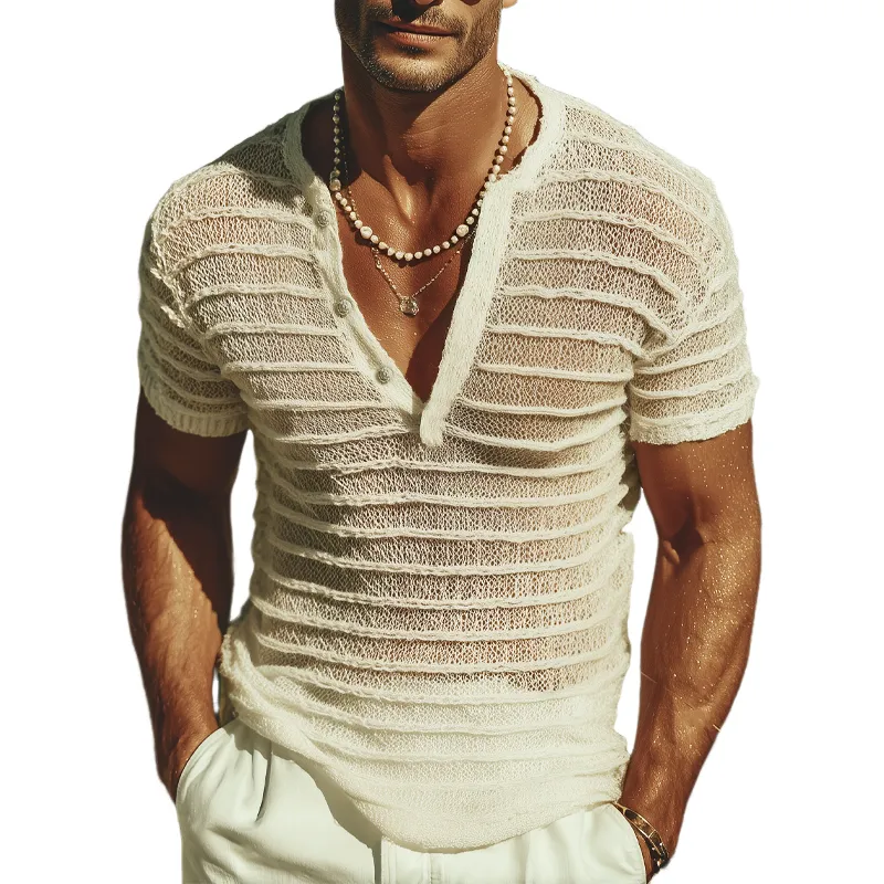 Men's Summer Fashion V-neck Striped Jacquard Knitted Short Sleeve T-shirt MTA0732G5U sold by Manly