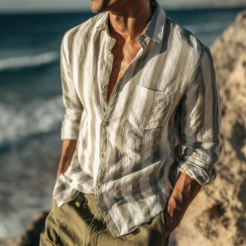 Men's Summer Classic Vertical Striped Casual Long-sleeved Shirt MTA0749G7U sold by Manly product image thumbnail 2