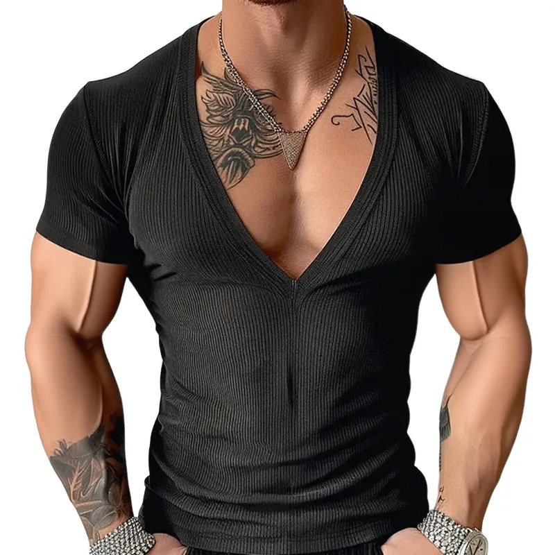 Men's Solid Striped V Neck Short Sleeve T-shirt MTA0936G1Z sold by Manly