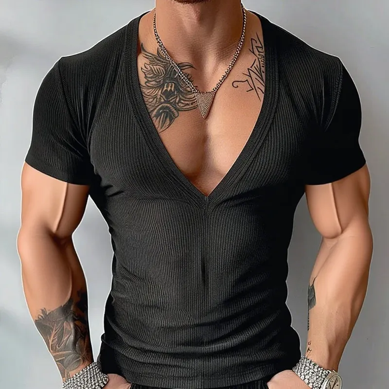 Men's Solid Striped V Neck Short Sleeve T-shirt MTA0936G1Z sold by Manly product image thumbnail 2