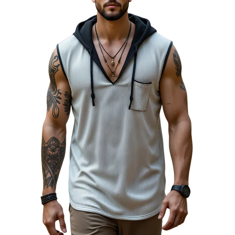 Men's Solid Striped Colorblock Hooded Chest Pocket Tank Top MTA0917G9Z sold by Manly