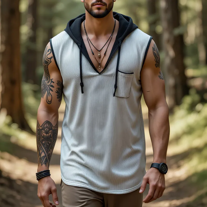 Men's Solid Striped Colorblock Hooded Chest Pocket Tank Top MTA0917G9Z sold by Manly product image thumbnail 2