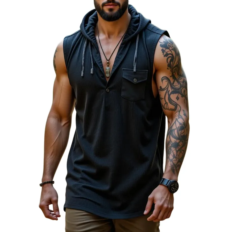 Men's Solid Striped Hooded Chest Pocket Tank Top MTA0975G9Z sold by Manly