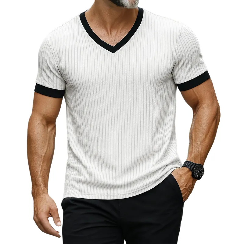Men's Solid Striped Colorblock V Neck Short Sleeve T-shirt MTA0951G1Z sold by Manly