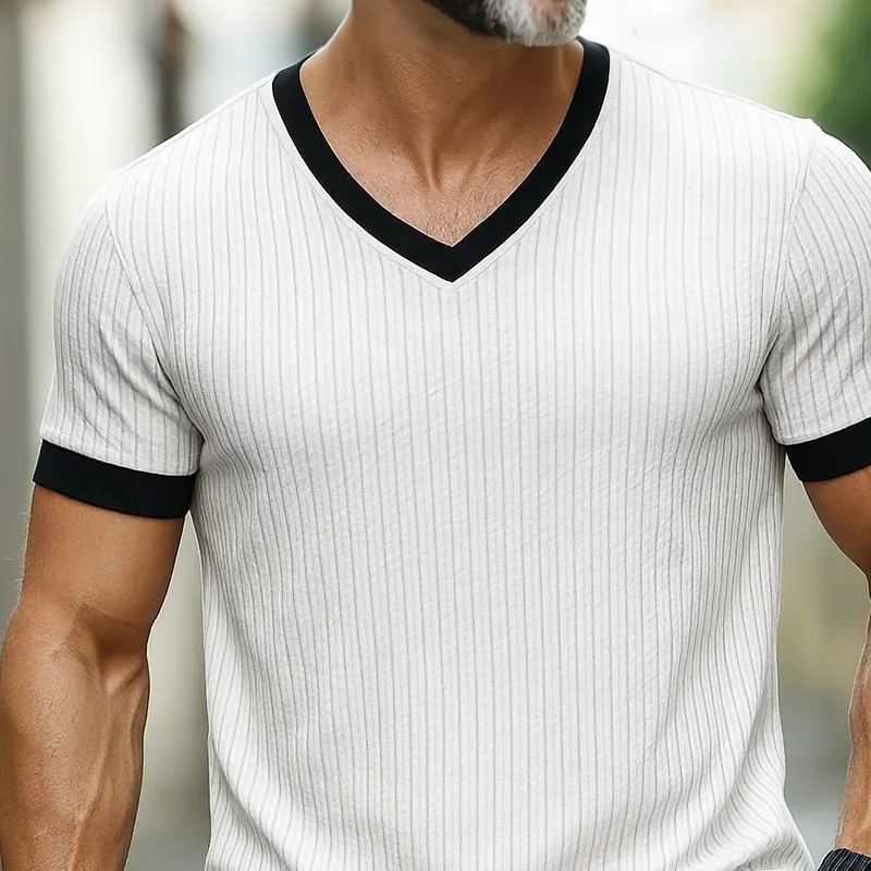 Men's Solid Striped Colorblock V Neck Short Sleeve T-shirt MTA0951G1Z sold by Manly product image thumbnail 3