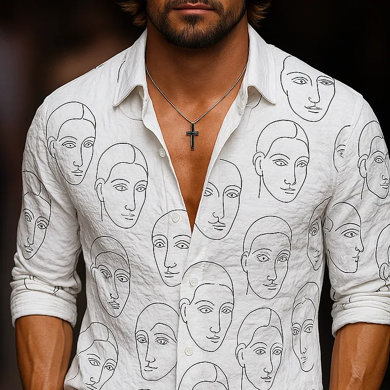 Men's Face Print Lapel Long Sleeve Casual Shirt MTA0999G9Z sold by Manly product image thumbnail 3