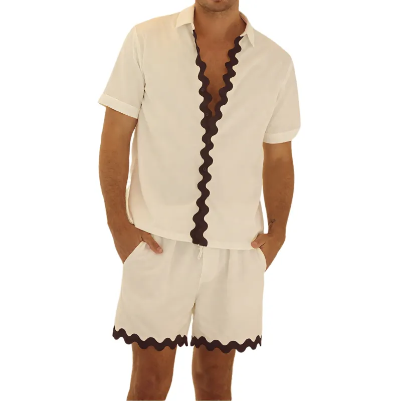 Men's Spring And Summer Fashion Casual Wave Ribbon Decorated Short Sleeve Shirt Shorts Set MTA0942G0K sold by Manly