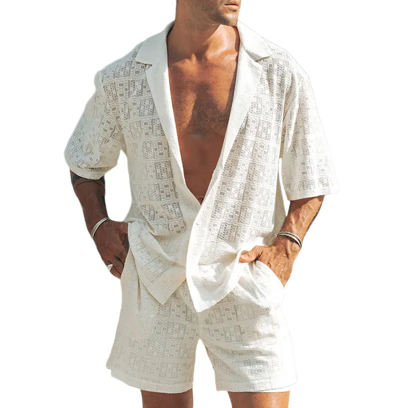 Men's Spring And Summer Fashion Casual Lace Sexy Micro-transparent Short-sleeved Shirt Shorts Set MTA0928G0K sold by Manly