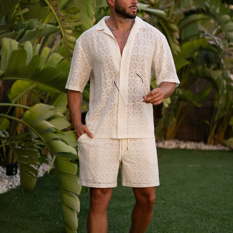 Men's Spring And Summer Fashion Casual Lace Sexy Micro-transparent Short-sleeved Shirt Shorts Set MTA0928G0K sold by Manly product image thumbnail 4