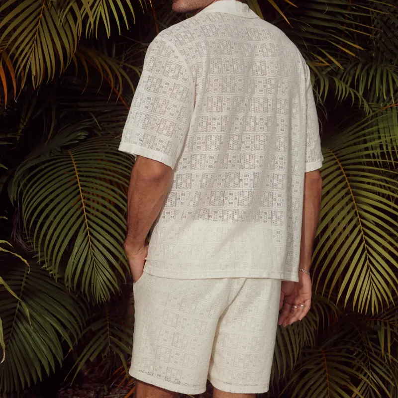 Men's Spring And Summer Fashion Casual Lace Sexy Micro-transparent Short-sleeved Shirt Shorts Set MTA0928G0K sold by Manly product image thumbnail 5