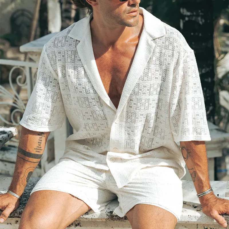 Men's Spring And Summer Fashion Casual Lace Sexy Micro-transparent Short-sleeved Shirt Shorts Set MTA0928G0K sold by Manly product image thumbnail 3