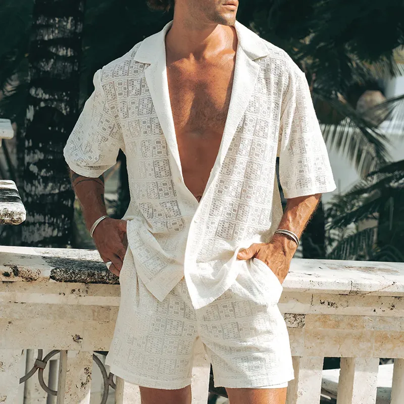 Men's Spring And Summer Fashion Casual Lace Sexy Micro-transparent Short-sleeved Shirt Shorts Set MTA0928G0K sold by Manly product image thumbnail 2