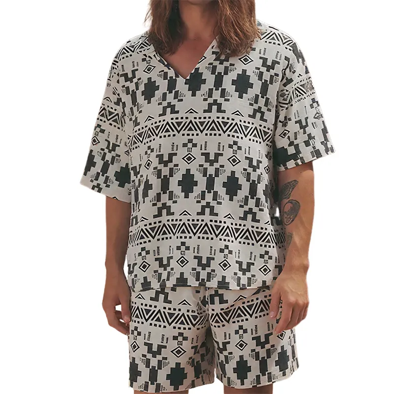 Men's Spring And Summer Fashion Casual Chiffon Printed V-Neck Short Sleeve T-Shirt Shorts Set MTA0954G6K sold by Manly