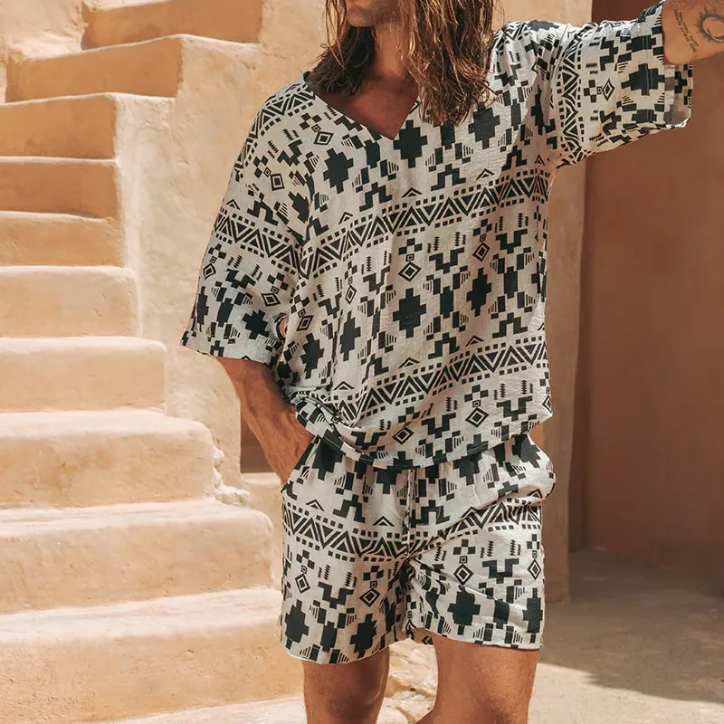 Men's Spring And Summer Fashion Casual Chiffon Printed V-Neck Short Sleeve T-Shirt Shorts Set MTA0954G6K sold by Manly product image thumbnail 2