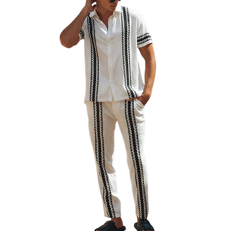 Men's Spring And Summer Fashion Casual Tencel Cotton Printed Short Sleeve Shirt Pants Set MTA0975G0K sold by Manly