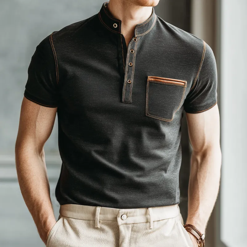 Men's Classic Business Cotton Stand Collar Short-sleeved T-shirt MTA0957G5U sold by Manly product image thumbnail 2