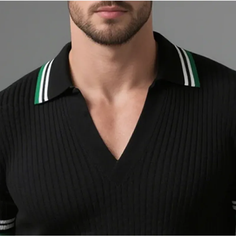 Men's Knitted Colorblock Lapel V-neck Slim Fit Short-sleeved PoloShirt MTA0421G5Y sold by Manly product image thumbnail 2
