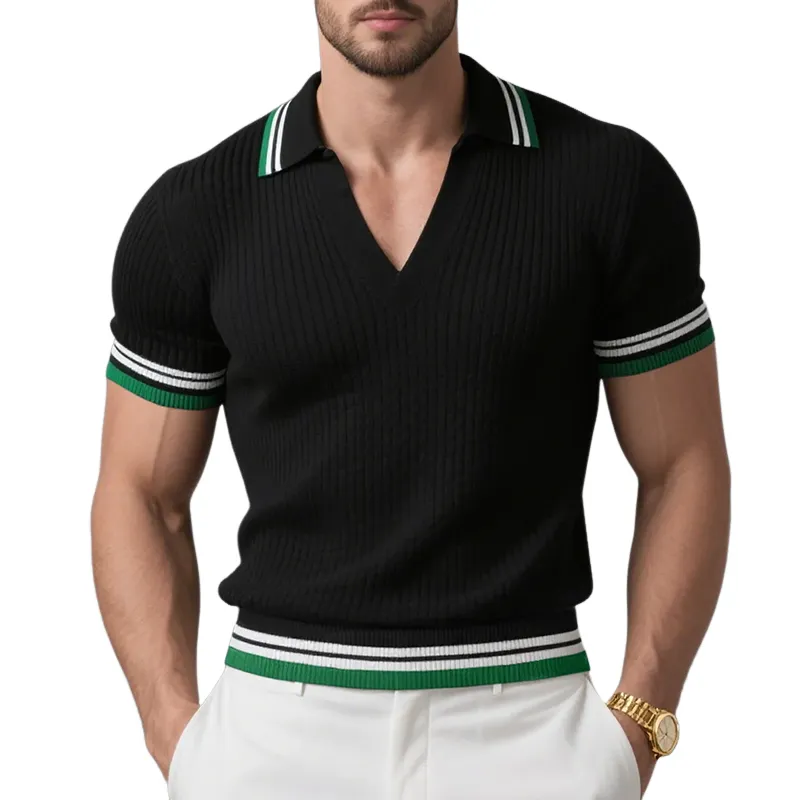 Men's Knitted Colorblock Lapel V-neck Slim Fit Short-sleeved PoloShirt MTA0421G5Y sold by Manly