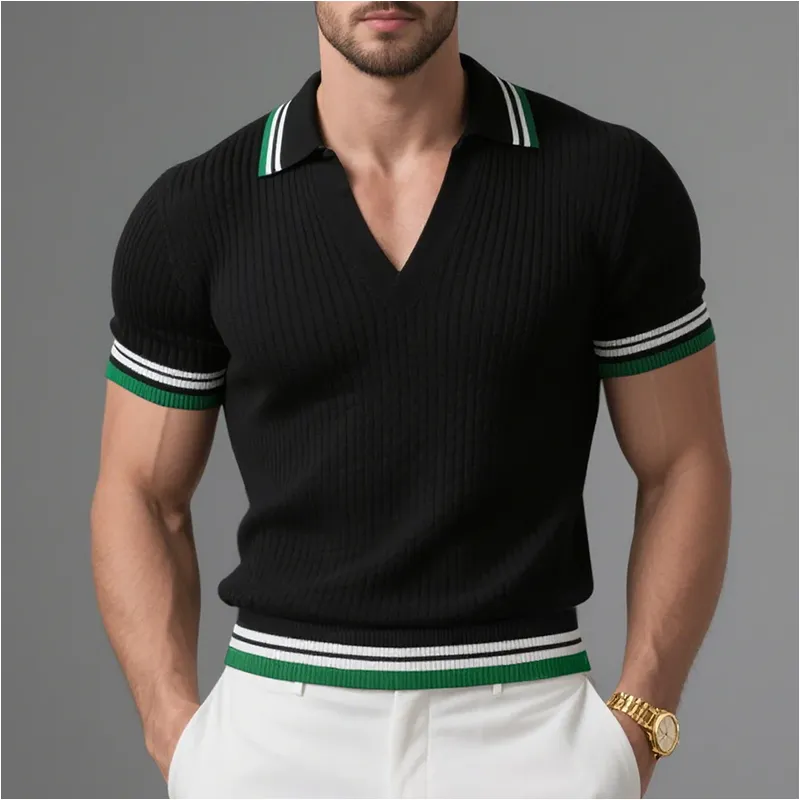 Men's Knitted Colorblock Lapel V-neck Slim Fit Short-sleeved PoloShirt MTA0421G5Y sold by Manly product image thumbnail 4