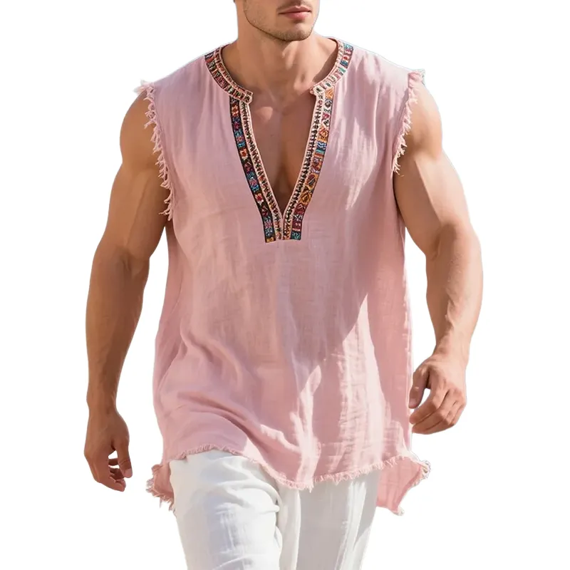 Men's Cotton And Linen Embroidered V-neck Sleeveless Raw Edge Tank Top MTA0423G9Y sold by Manly