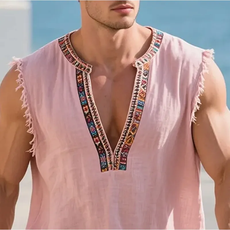 Men's Cotton And Linen Embroidered V-neck Sleeveless Raw Edge Tank Top MTA0423G9Y sold by Manly product image thumbnail 2