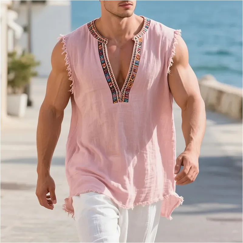 Men's Cotton And Linen Embroidered V-neck Sleeveless Raw Edge Tank Top MTA0423G9Y sold by Manly product image thumbnail 4