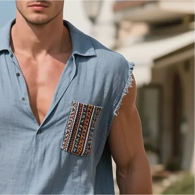 Men's Cotton And Linen Embroidered Chest Pocket Polo Collar Raw Edge Sleeveless Shirt MTA0403G9Y sold by Manly product image thumbnail 2