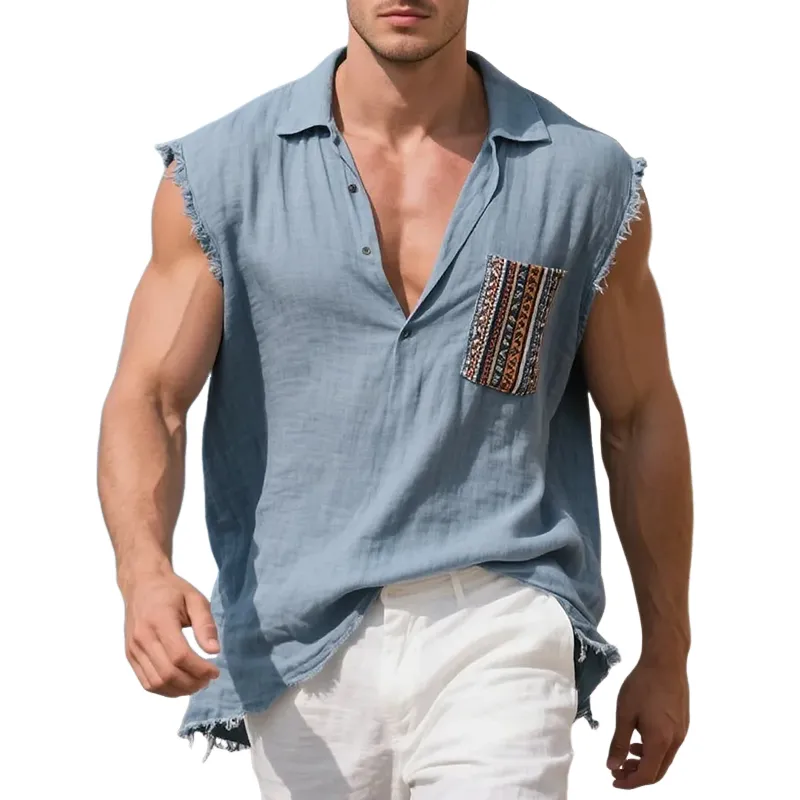 Men's Cotton And Linen Embroidered Chest Pocket Polo Collar Raw Edge Sleeveless Shirt MTA0403G9Y sold by Manly