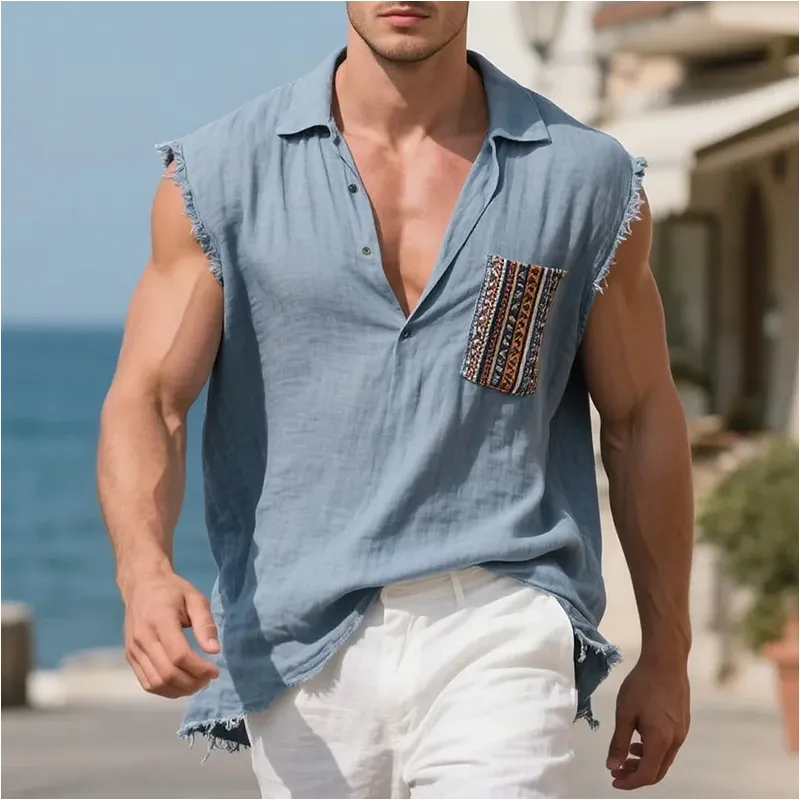 Men's Cotton And Linen Embroidered Chest Pocket Polo Collar Raw Edge Sleeveless Shirt MTA0403G9Y sold by Manly product image thumbnail 4