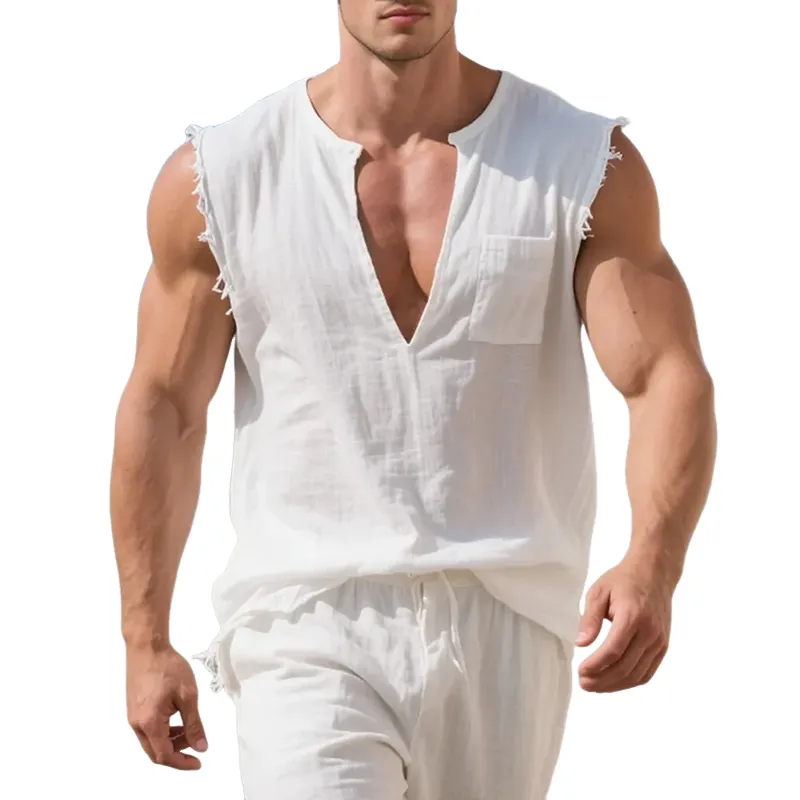 Men's Cotton And Linen V-neck Sleeveless Tank Top MTA0470G1Y sold by Manly