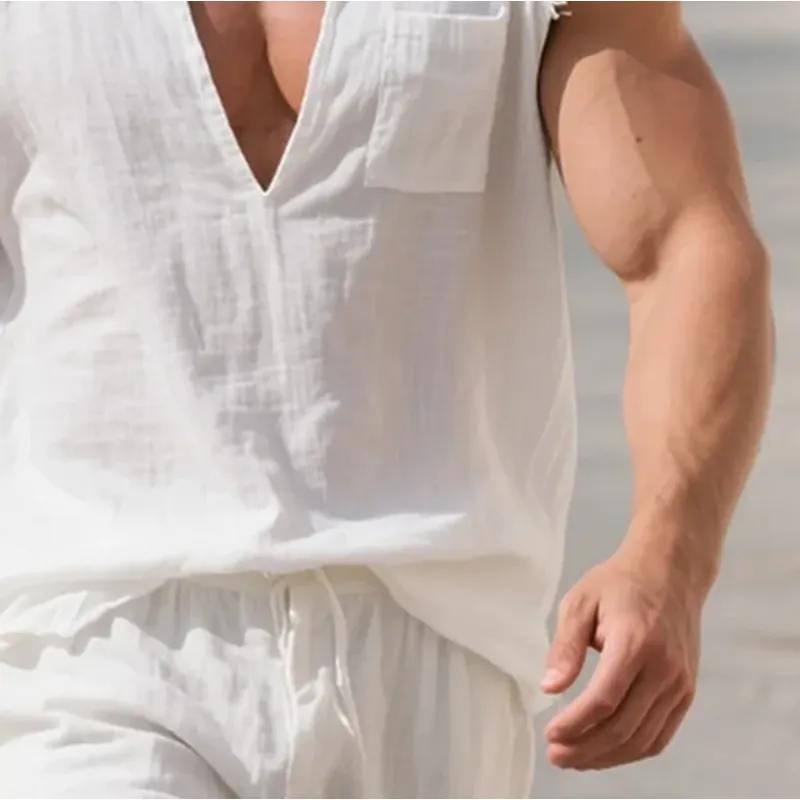 Men's Cotton And Linen V-neck Sleeveless Tank Top MTA0470G1Y sold by Manly product image thumbnail 2