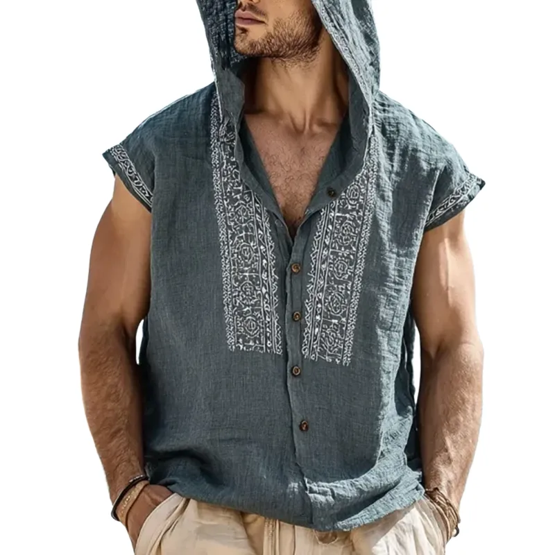Men's Embroidered Single Breasted Hooded Sleeveless Shirt MTA0466G9Y sold by Manly
