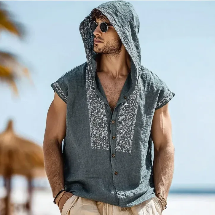 Men's Embroidered Single Breasted Hooded Sleeveless Shirt MTA0466G9Y sold by Manly product image thumbnail 4