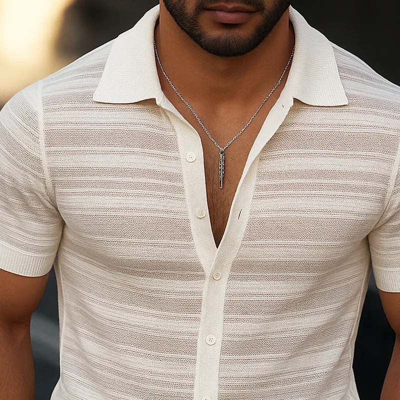 Men's Striped Lapel Short Sleeve Knit Shirt MTA0859G1Z sold by Manly product image thumbnail 3