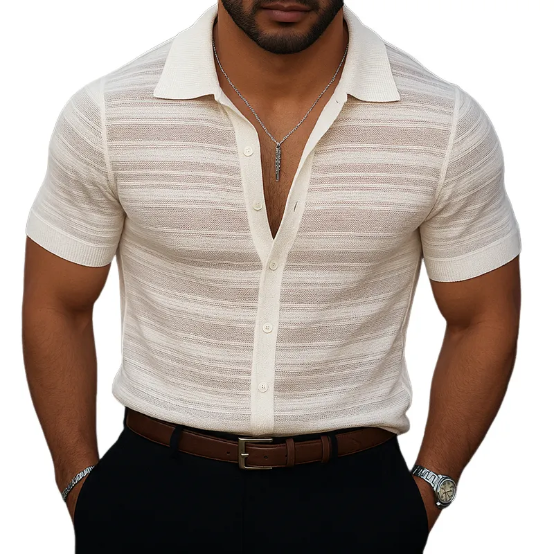 Men's Striped Lapel Short Sleeve Knit Shirt MTA0859G1Z sold by Manly