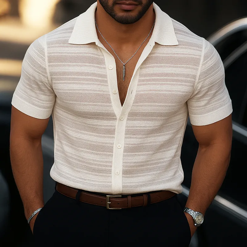 Men's Striped Lapel Short Sleeve Knit Shirt MTA0859G1Z sold by Manly product image thumbnail 2